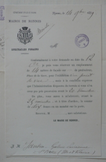 Contrat de mise à disposition par la Mairie de Rennes d'un terrain pour une attraction foraine, 1879. Cliché Grégory Delauré, Archives de Rennes, I47.